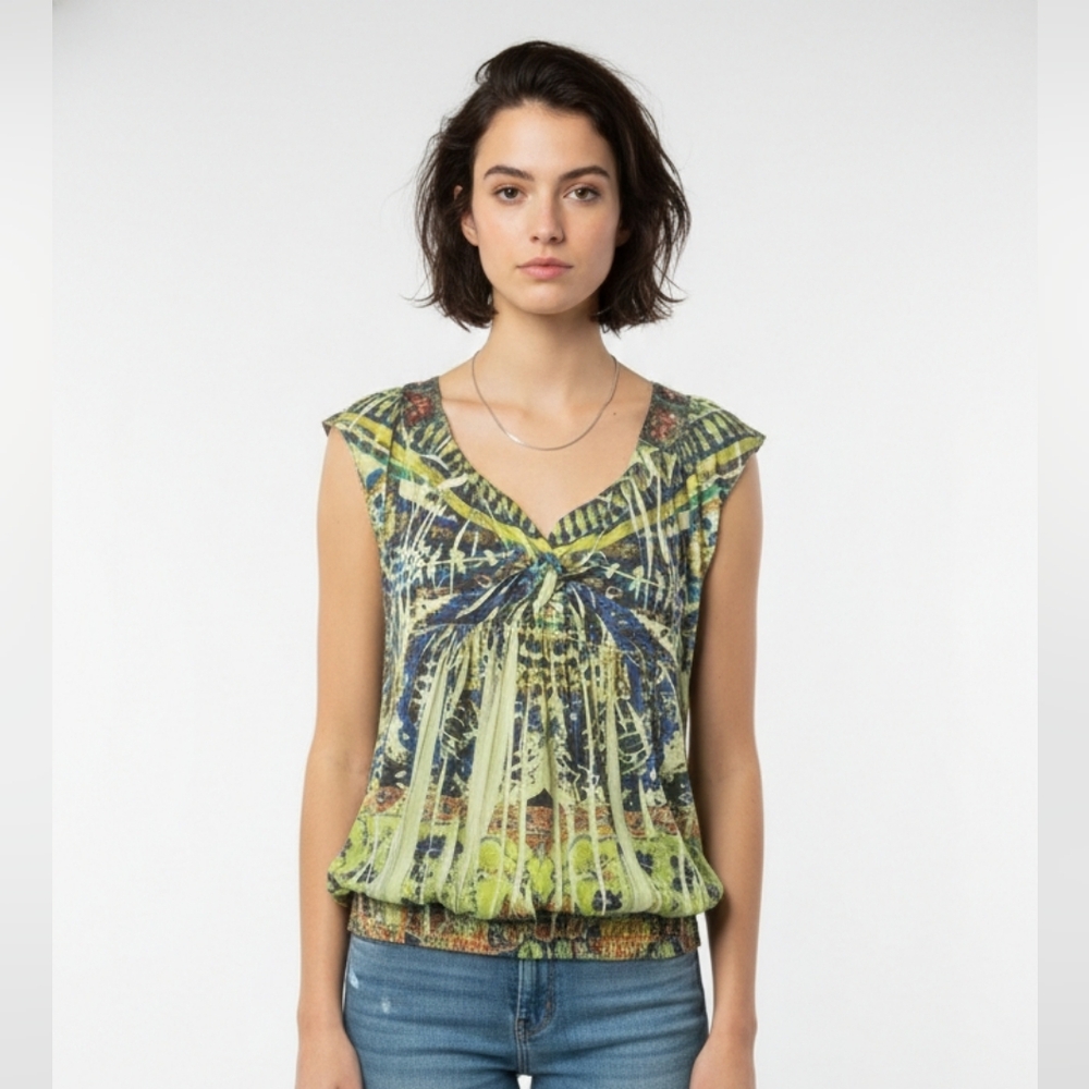 One World Blouse Green Boho Embroidered Sequin Festival Hippie M